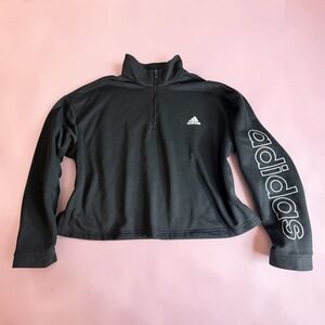 Adidas Womens 2XL Black Fleece Quarter Zip Cropped Sweatshirt H09267 Logo Sleeve